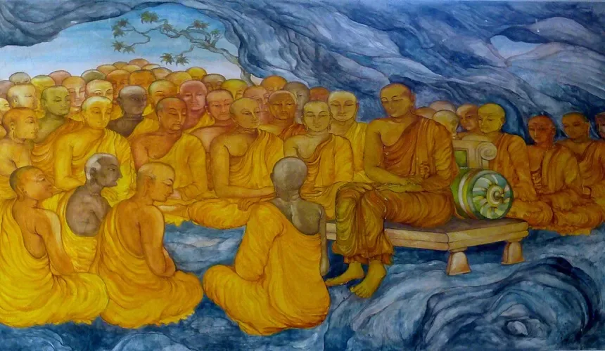Pintura de una asamblea de monjes escuchando la enseñanza