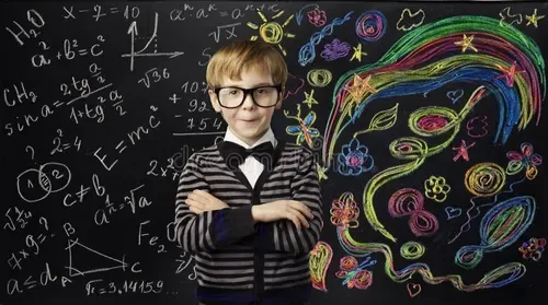 Un niño frente a un tablero cubierto de fórmulas dibujadas con tiza de colores