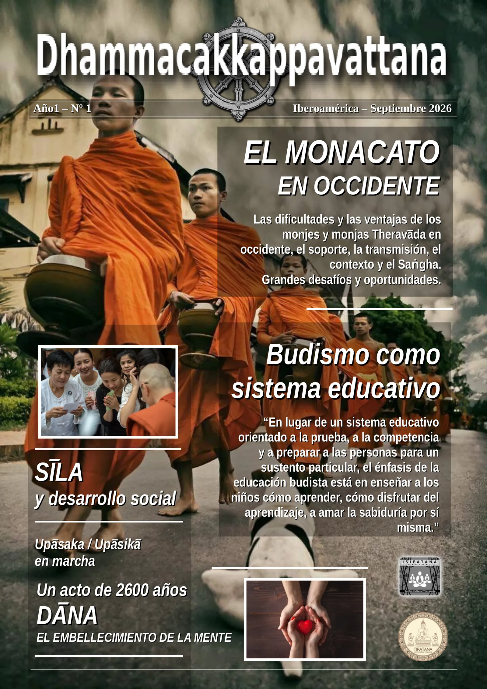 Portada del número 1: fila de bhikkhus en ronda de limosnas